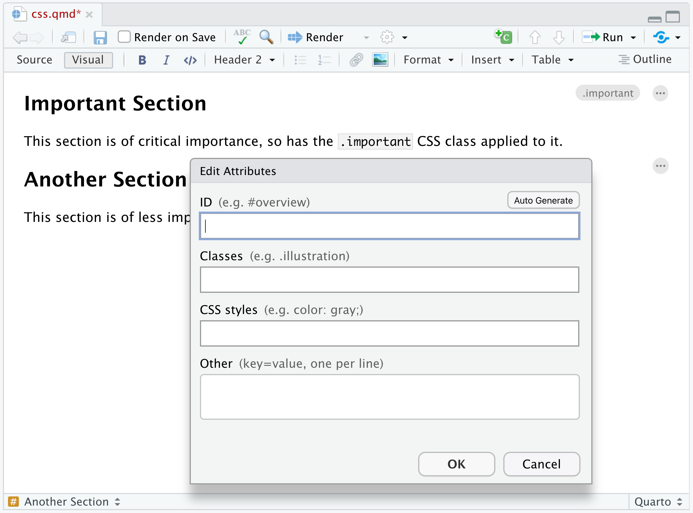 The 'Edit Attributes' dialog open over a heading, with empty ID and Classes fields; a nearby heading already shows an '.important' class pill.
